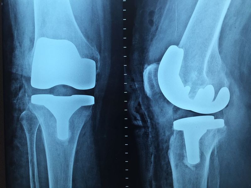 X-ray showing a total knee replacement with joint implant components